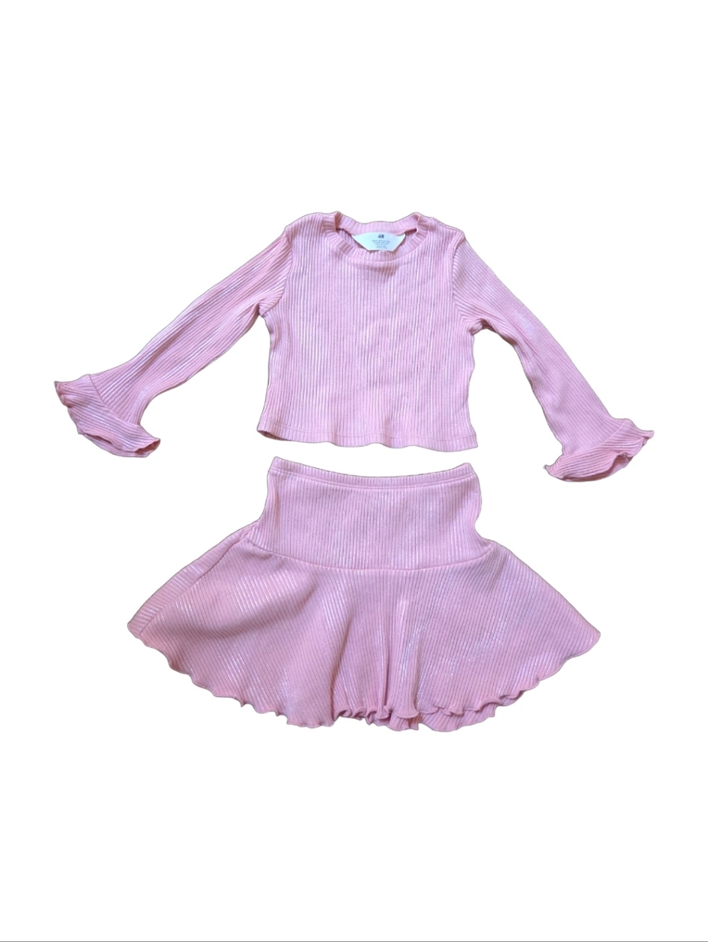 đź’– H&M Shimmery Pink 2-Piece Set | Flare Sleeve Top + Skirt | 2T (Fits 3T) NWOT - Picture 11 of 13
